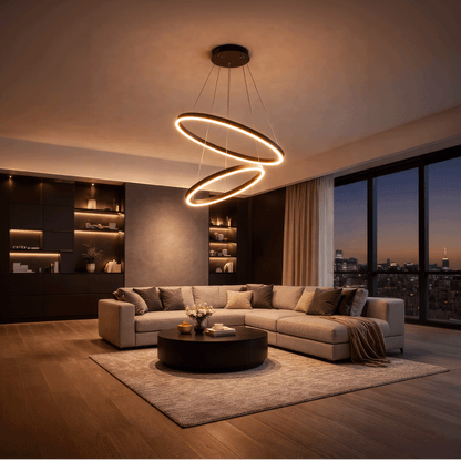 Függesztett LED-csillár távirányítóval CASIANA 40W, 2 kör, hideg/meleg/semleges fény 3000K/4000K/6000K, szabályozható, fekete, állítható magasságú, fém és akril