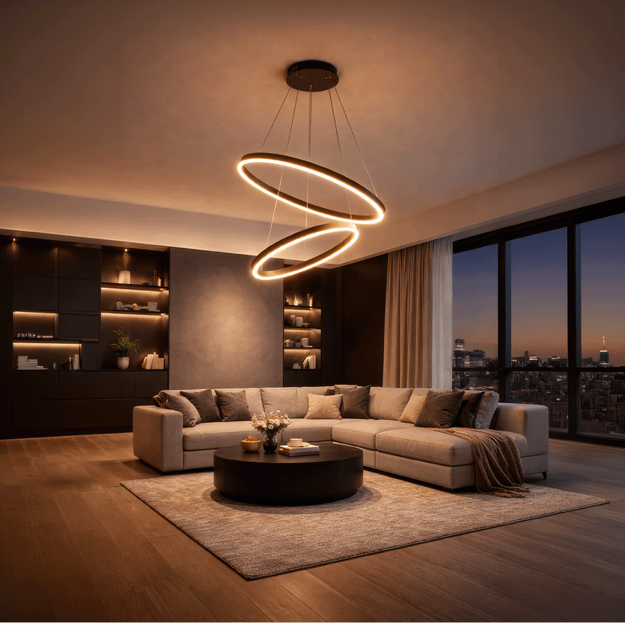 Függesztett LED-csillár távirányítóval CASIANA 40W, 2 kör, hideg/meleg/semleges fény 3000K/4000K/6000K, szabályozható, fekete, állítható magasságú, fém és akril