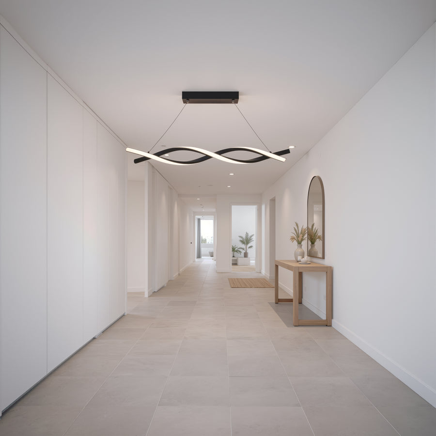 Függesztett LED-csillár távirányítóval, FLUX, 27 W, 116 cm, hideg/meleg/semleges fény 3000K/4000K/6000K, szabályozható, fekete, állítható magasságú, fém és szilikon