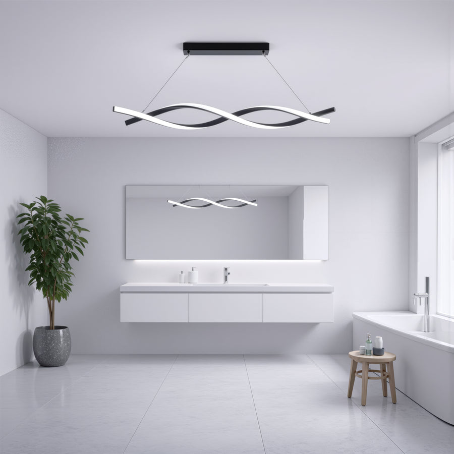 Függesztett LED-csillár távirányítóval, FLUX, 27 W, 116 cm, hideg/meleg/semleges fény 3000K/4000K/6000K, szabályozható, fekete, állítható magasságú, fém és szilikon