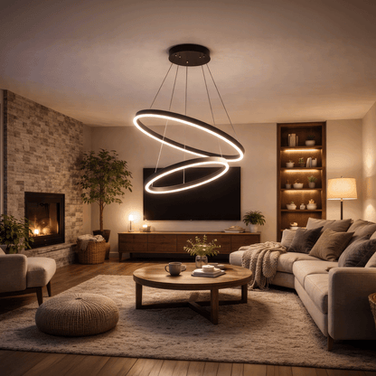 Függesztett LED-csillár távirányítóval CASIANA 40W, 2 kör, hideg/meleg/semleges fény 3000K/4000K/6000K, szabályozható, fekete, állítható magasságú, fém és akril