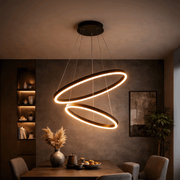 Függesztett LED-csillár távirányítóval CASIANA 40W, 2 kör, hideg/meleg/semleges fény 3000K/4000K/6000K, szabályozható, fekete, állítható magasságú, fém és akril