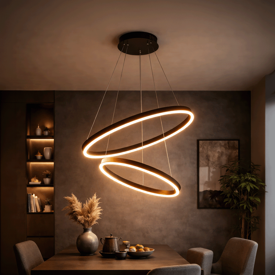 Függesztett LED-csillár távirányítóval CASIANA 40W, 2 kör, hideg/meleg/semleges fény 3000K/4000K/6000K, szabályozható, fekete, állítható magasságú, fém és akril