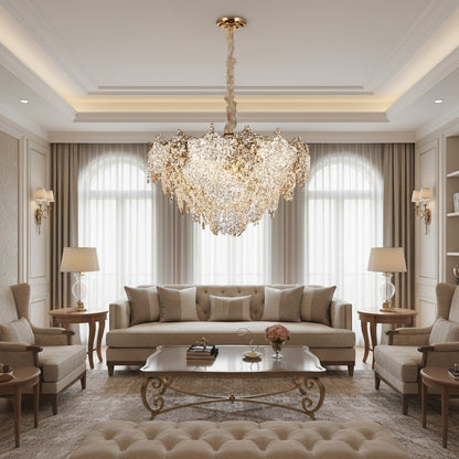 Candelabru Cristal LUXE Regalis, 21xE14, Diametru 80cm, Inaltime 45cm, Auriu Lucios, Inaltime Reglabila, Design Elegant