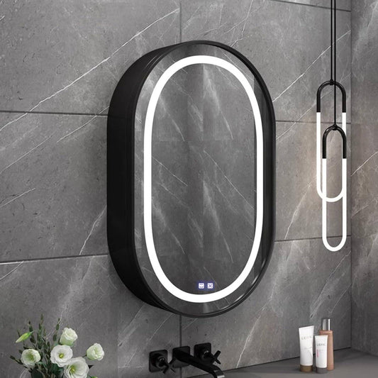 LED -tükör szekrény, ovális, 50x80 cm, fogyatékosság, hideg/forró/semleges fény, fekete keret, tárolóhely