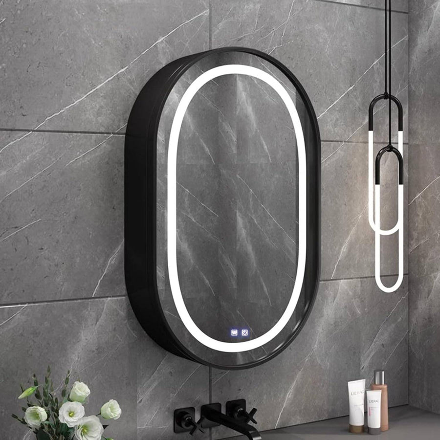 LED -tükör szekrény, ovális, 50x80 cm, fogyatékosság, hideg/forró/semleges fény, fekete keret, tárolóhely