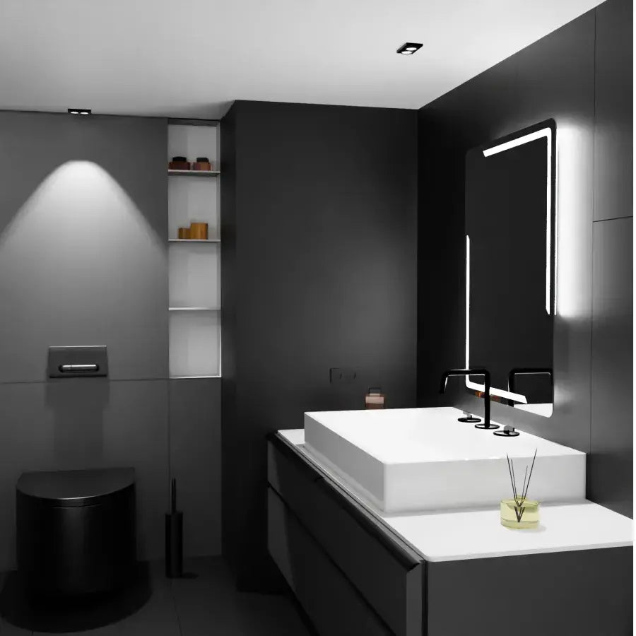 Téglalap alakú LED -tükör, 60x80 cm, Rayonement MotionGlow Marcello, Disfiguration System, óra és hőmérő, Daimable