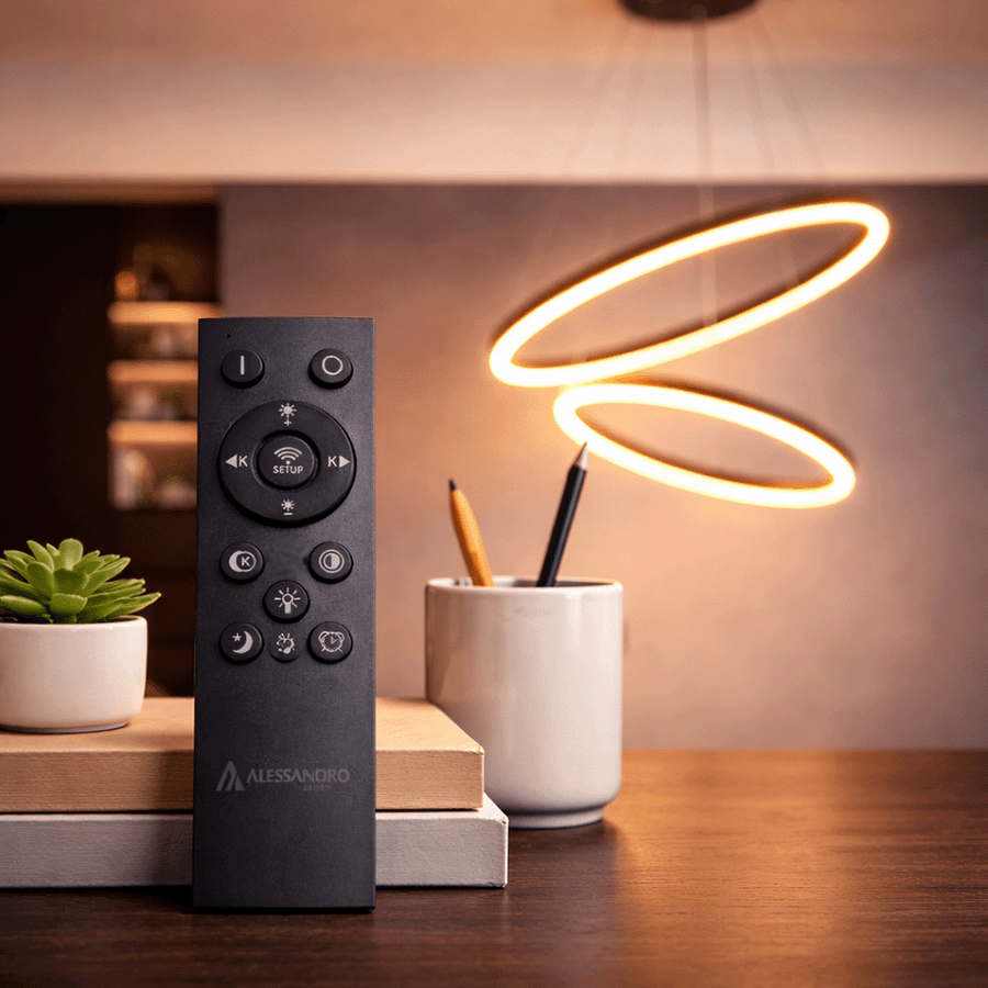 Függesztett LED-csillár távirányítóval CASIANA 40W, 2 kör, hideg/meleg/semleges fény 3000K/4000K/6000K, szabályozható, fekete, állítható magasságú, fém és akril