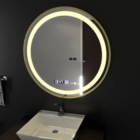 Kerek LED -tükör, 60 cm, Celeste Royale Gold Motionglow Marcello, helyettes rendszer, óra és hőmérő, dimálható