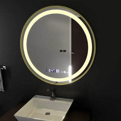 Kerek LED -tükör, 60 cm, Celeste Royale Gold Motionglow Marcello, helyettes rendszer, óra és hőmérő, dimálható