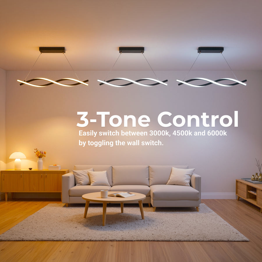 Függesztett LED-csillár távirányítóval, FLUX, 27 W, 116 cm, hideg/meleg/semleges fény 3000K/4000K/6000K, szabályozható, fekete, állítható magasságú, fém és szilikon