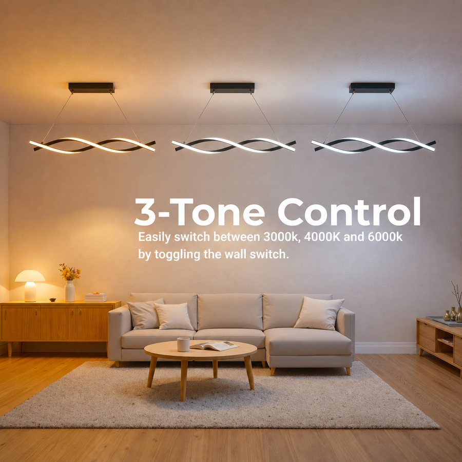 Függesztett LED-csillár távirányítóval, FLUX, 27 W, 116 cm, hideg/meleg/semleges fény 3000K/4000K/6000K, szabályozható, fekete, állítható magasságú, fém és szilikon