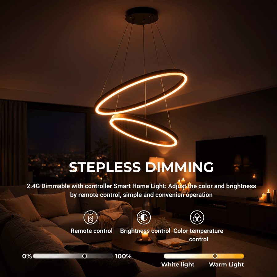 Függesztett LED-csillár távirányítóval CASIANA 40W, 2 kör, hideg/meleg/semleges fény 3000K/4000K/6000K, szabályozható, fekete, állítható magasságú, fém és akril