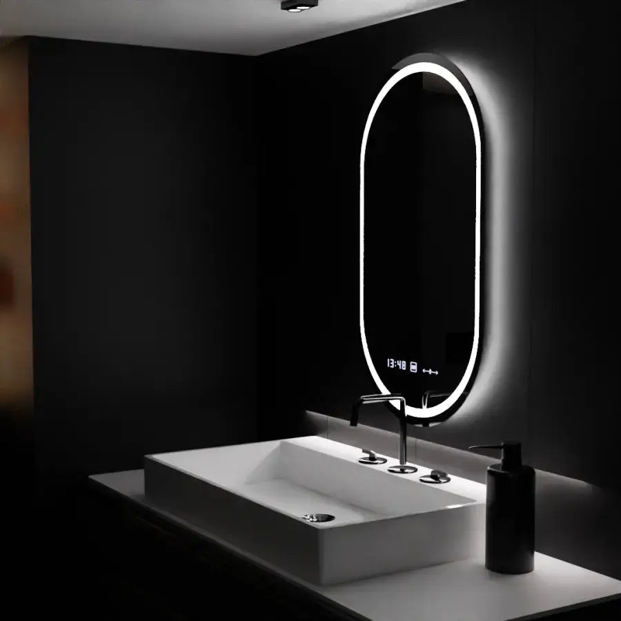 Ovális LED -tükör, 60x80 cm, kiemelt mozgásgátló marcello, helyettes rendszer, óra és hőmérő, dimálható