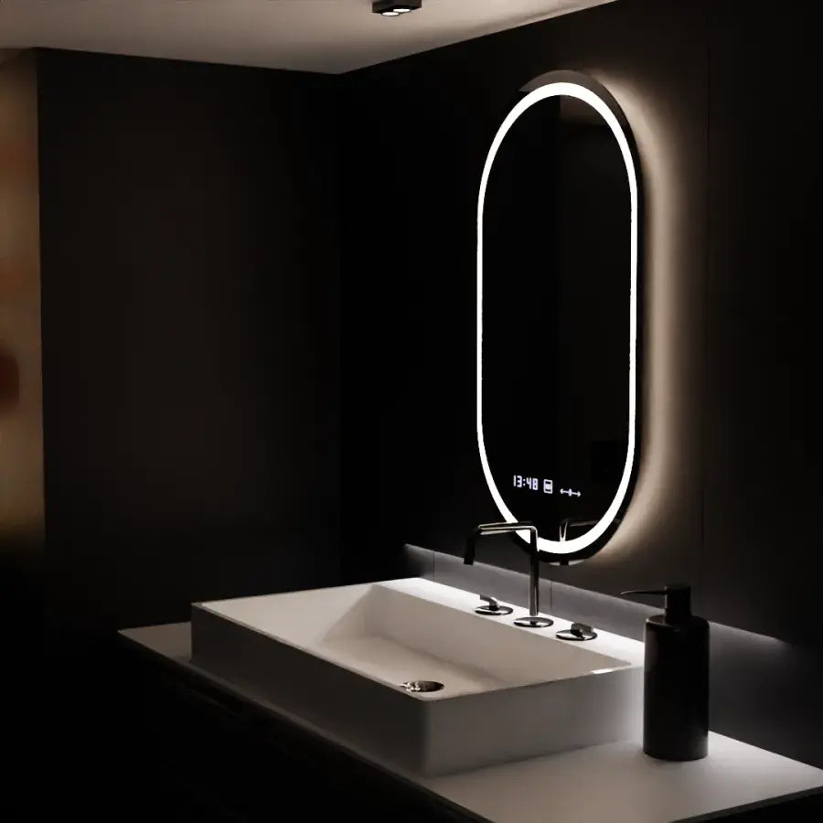 Ovális LED -tükör, 60x80 cm, kiemelt mozgásgátló marcello, helyettes rendszer, óra és hőmérő, dimálható
