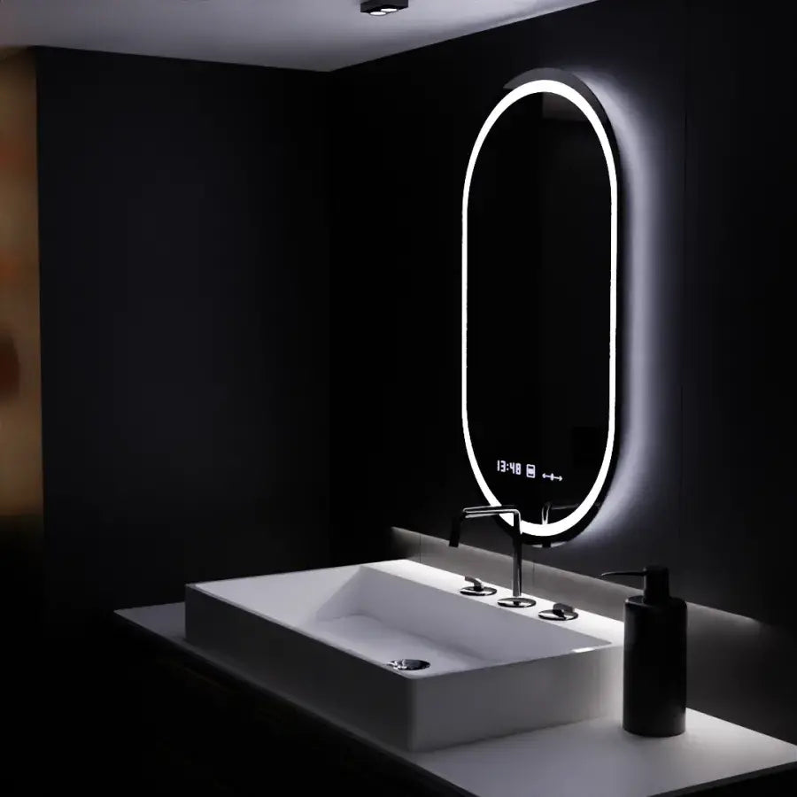 Ovális LED -tükör, 60x80 cm, kiemelt mozgásgátló marcello, helyettes rendszer, óra és hőmérő, dimálható