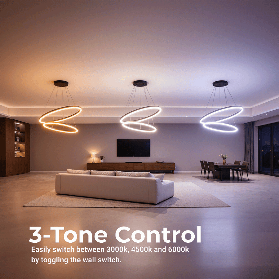 Függesztett LED-csillár távirányítóval CASIANA 40W, 2 kör, hideg/meleg/semleges fény 3000K/4000K/6000K, szabályozható, fekete, állítható magasságú, fém és akril