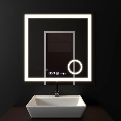 Téglalap alakú LED -tükör, 60x60 cm, Souverain MotionGlow Marcello, Debrunion rendszer, óra és hőmérő, kozmetikai nagyító