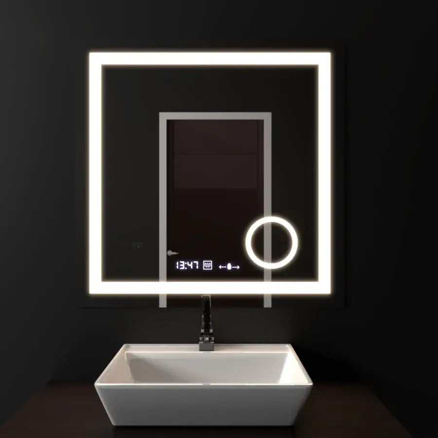Téglalap alakú LED -tükör, 60x60 cm, Souverain MotionGlow Marcello, Debrunion rendszer, óra és hőmérő, kozmetikai nagyító