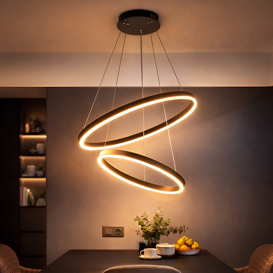 Függesztett LED-csillár távirányítóval CASIANA 40W, 2 kör, hideg/meleg/semleges fény 3000K/4000K/6000K, szabályozható, fekete, állítható magasságú, fém és akril