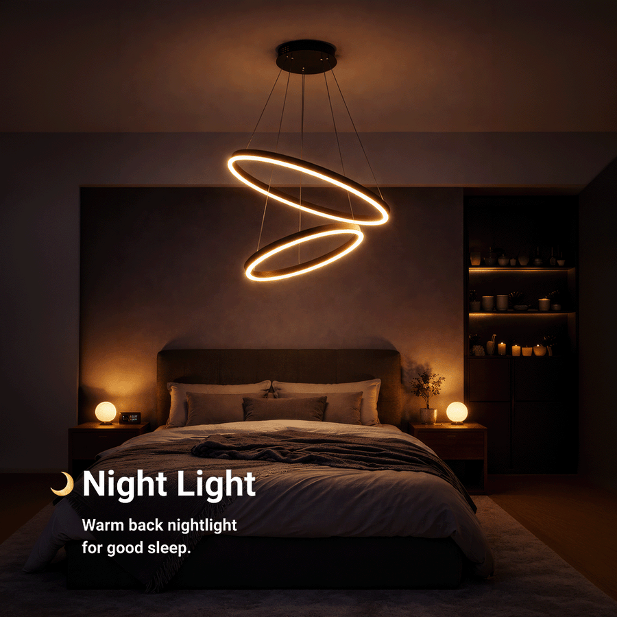 Függesztett LED-csillár távirányítóval CASIANA 40W, 2 kör, hideg/meleg/semleges fény 3000K/4000K/6000K, szabályozható, fekete, állítható magasságú, fém és akril