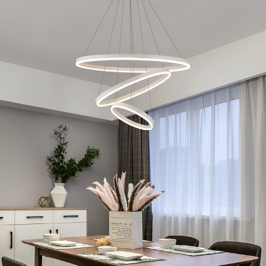 LED -csillár felfüggesztette a Serena 84W távirányítót, 3 kör, hideg/forró/semleges fény, instabil, fehér, állítható magasság