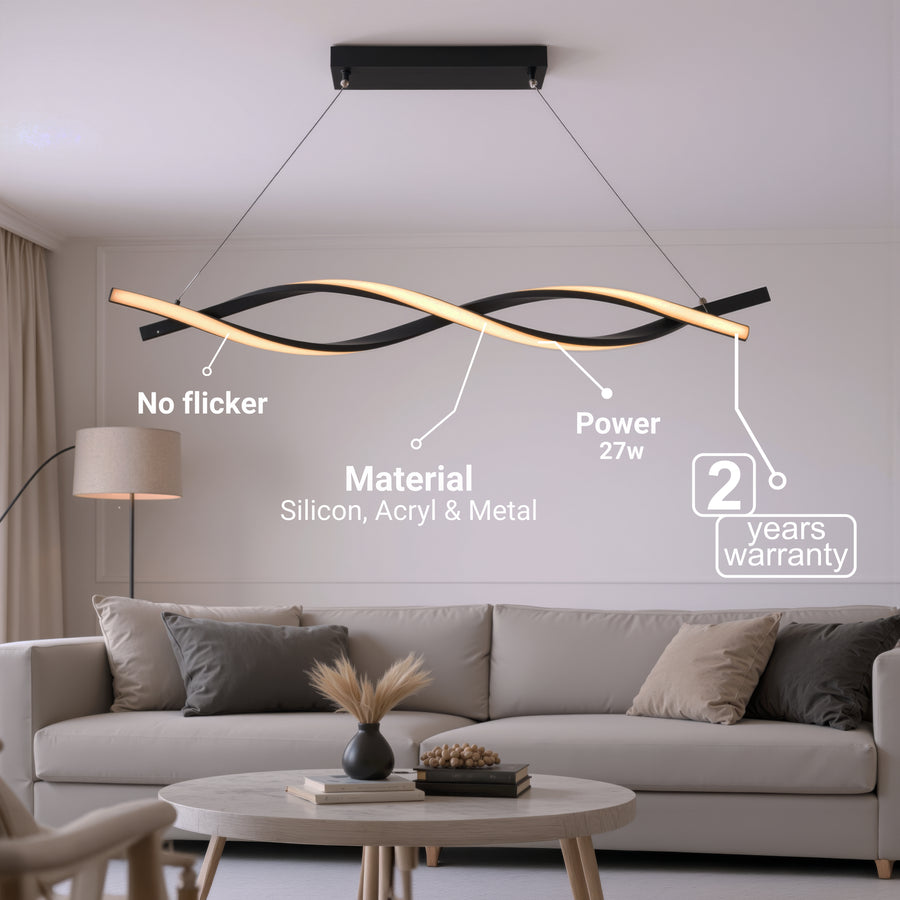 Függesztett LED-csillár távirányítóval, FLUX, 27 W, 116 cm, hideg/meleg/semleges fény 3000K/4000K/6000K, szabályozható, fekete, állítható magasságú, fém és szilikon