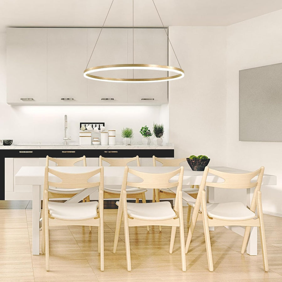 Függesztett LED csillár, ANINA, 34 W, 1 kör, átmérő 50 cm, hideg/meleg/semleges fény 3000K/4000K/6000K, szabályozható, fényes aranyfehér, állítható magasságú, fém és akril