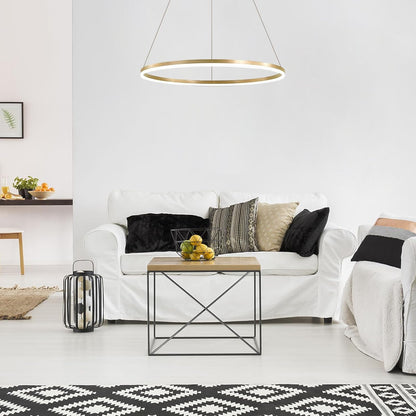 Függesztett LED csillár, ANINA, 34 W, 1 kör, átmérő 50 cm, hideg/meleg/semleges fény 3000K/4000K/6000K, szabályozható, fényes aranyfehér, állítható magasságú, fém és akril