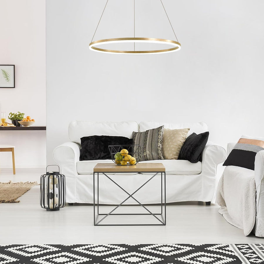 Függesztett LED csillár, ANINA, 34 W, 1 kör, átmérő 50 cm, hideg/meleg/semleges fény 3000K/4000K/6000K, szabályozható, fényes aranyfehér, állítható magasságú, fém és akril