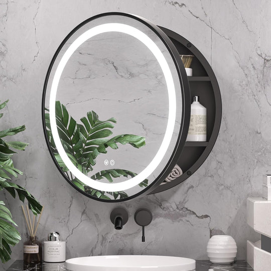 LED-es tükör szekrénysel, kerek, 10 W, 50x50 cm, páramentes, fekete keret, tárolóhelyiség szekrény tükrök alapértelmezett cím Alessandro Design