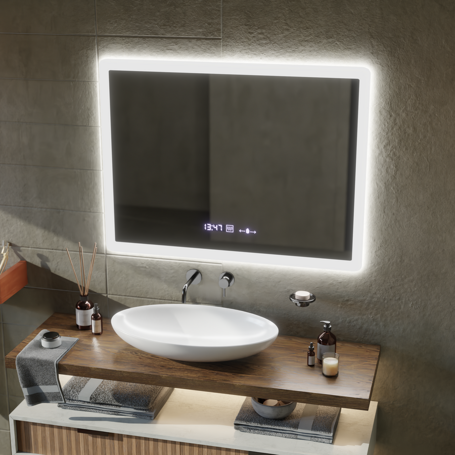 Téglalap alakú LED -tükör, 50x70 cm, Zampa érzékelő mozgásgátló marcello, osztályozó rendszer, óra és hőmérő, dimálható