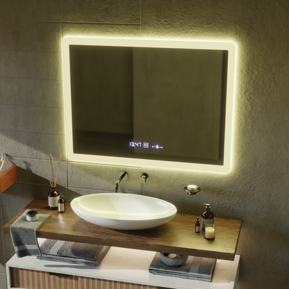 Téglalap alakú LED -tükör, 50x70 cm, Zampa érzékelő mozgásgátló marcello, osztályozó rendszer, óra és hőmérő, dimálható