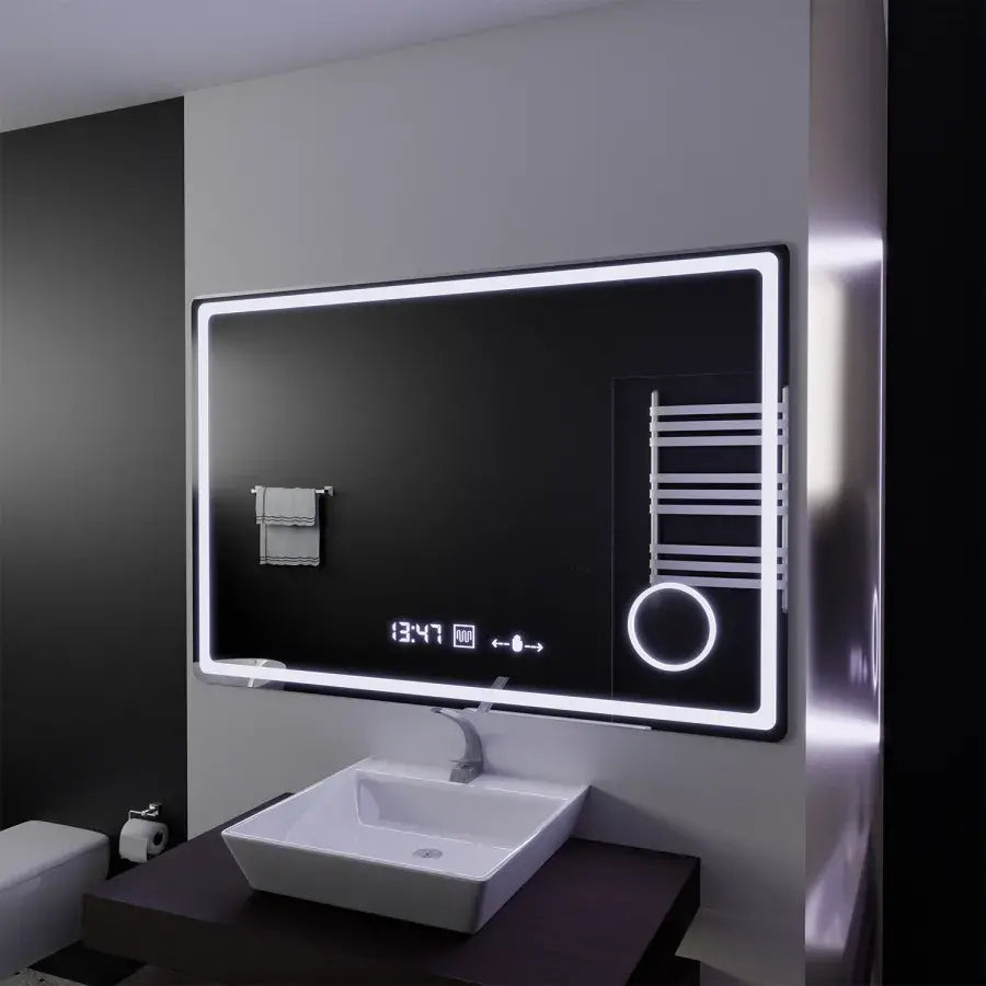 Téglalap alakú LED -tükör, 120x80 cm, Souverain MotionGlow Marcello, leolvasztási rendszer, óra és hőmérő, kozmetikai lupa, dimablable