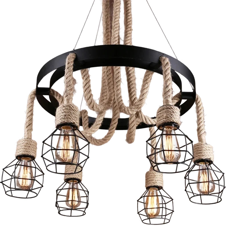 Kerékcsillár LV580/6BK, 6xE27, barna, fém és húr