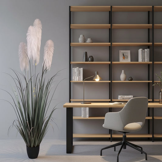 Aranjament decorativ cu 5 fire, Stuf artificial în ghiveci, 240cm, Fara Ghiveci, Verde si Gri
