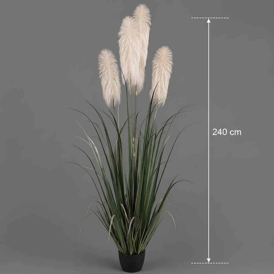 Műnövény díszfű, 240 cm, 5 szál, nád és fű, zöld és szürke, cserép nélkül