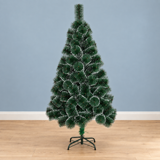 MONTIA mesterséges fenyőfa, 150 cm, 130 hegy, fém állvány, zöld tűk fehér hegyekkel