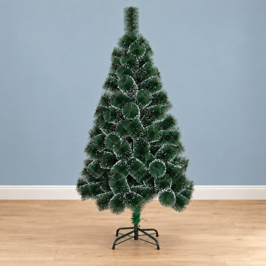 MONTIA mesterséges fenyőfa, 150 cm, 130 hegy, fém állvány, zöld tűk fehér hegyekkel
