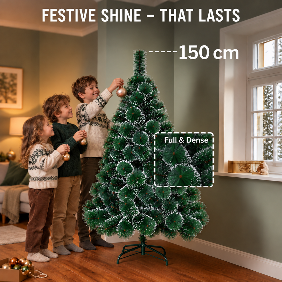 MONTIA mesterséges fenyőfa, 150 cm, 130 hegy, fém állvány, zöld tűk fehér hegyekkel