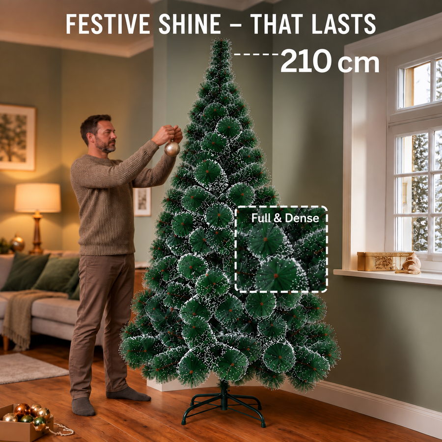MONTIA mesterséges fenyő, 210 cm, 280 hegy, fém állvány, zöld tűk fehér hegyekkel