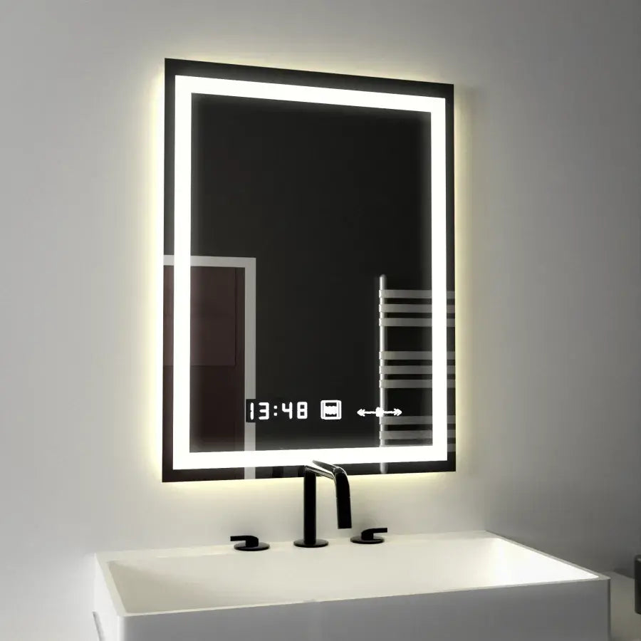 Téglalap alakú LED -tükör, 45x60 cm, Verite MotionGlow Marcello, helyettes rendszer, óra és hőmérő, dimálható