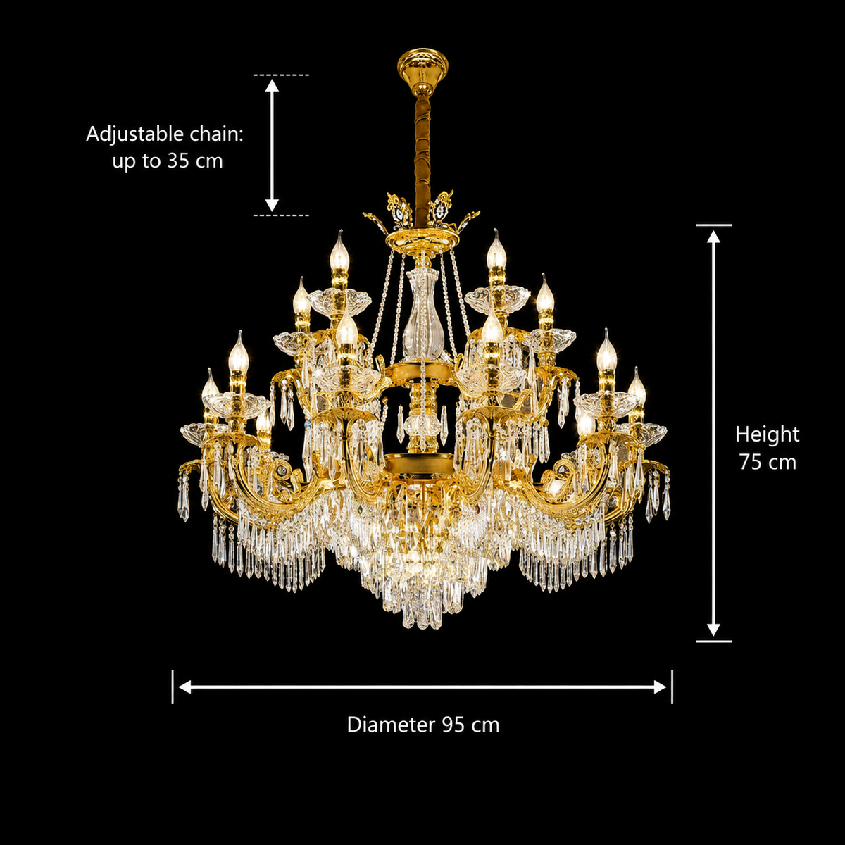 Kristály csillár 19xE14, 95 cm, fényes arany, állítható magasságú, fém és kristály kristálycsillárok alapértelmezett cím Alessandro Design