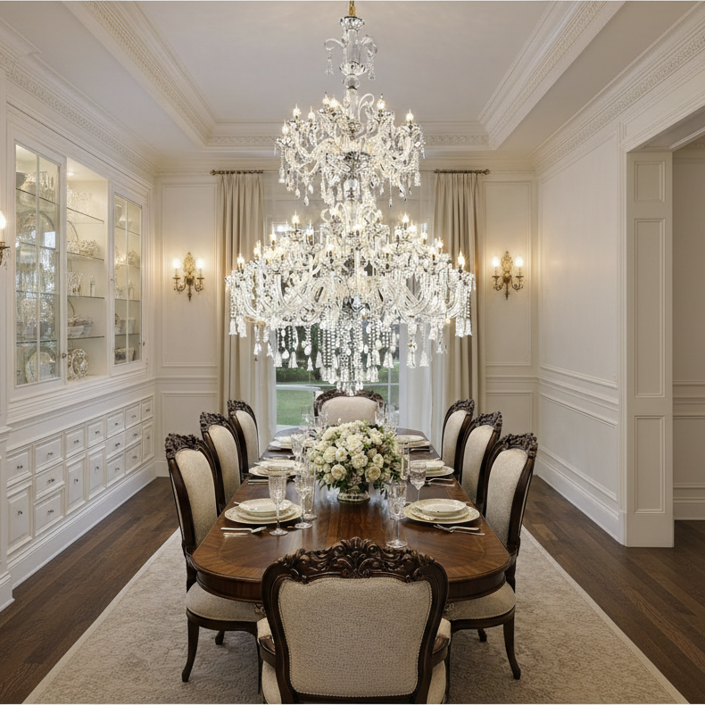 Kristálycsillár, 55xE14, Átmérő 145 cm, Magasság 230 cm, Ezüst, Állítható magasságú, Elegáns Design Kristálycsillárok Alapértelmezett cím Alessandro Design