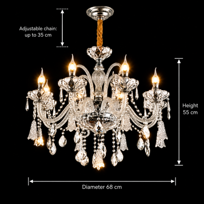 Kristály csillár 6xE14, D68cm, ezüst, állítható magasságú, fém és kristály