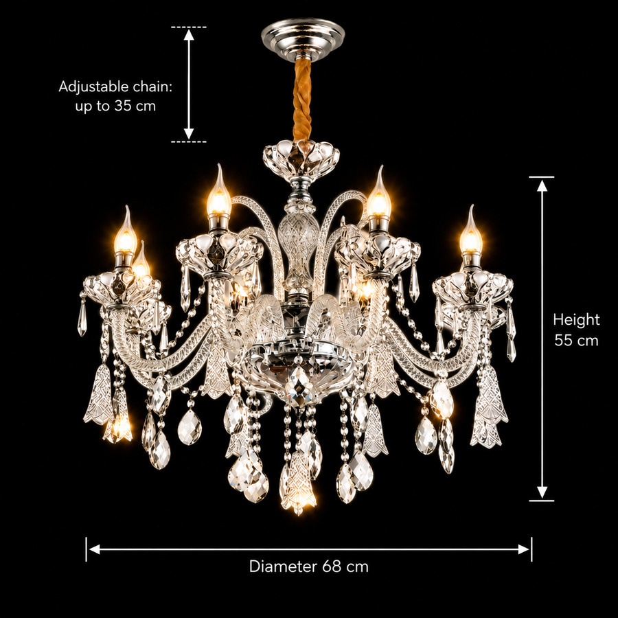 Kristály csillár 6xE14, D68cm, ezüst, állítható magasságú, fém és kristály