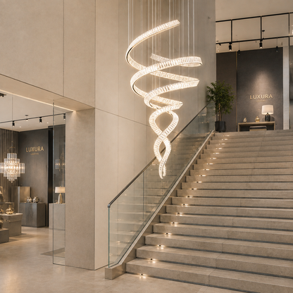 Candelabru Cristal LED IRON MAN, Diametru 60cm, Lumina 3000K/4000K/6000K, Metal si Cristal, Crom Lucios, Inaltime Reglabila