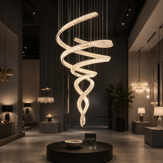 Candelabru Cristal LED IRON MAN, Diametru 80cm, Lumina 3000K/4000K/6000K, Metal si Cristal, Crom Lucios, Inaltime Reglabila