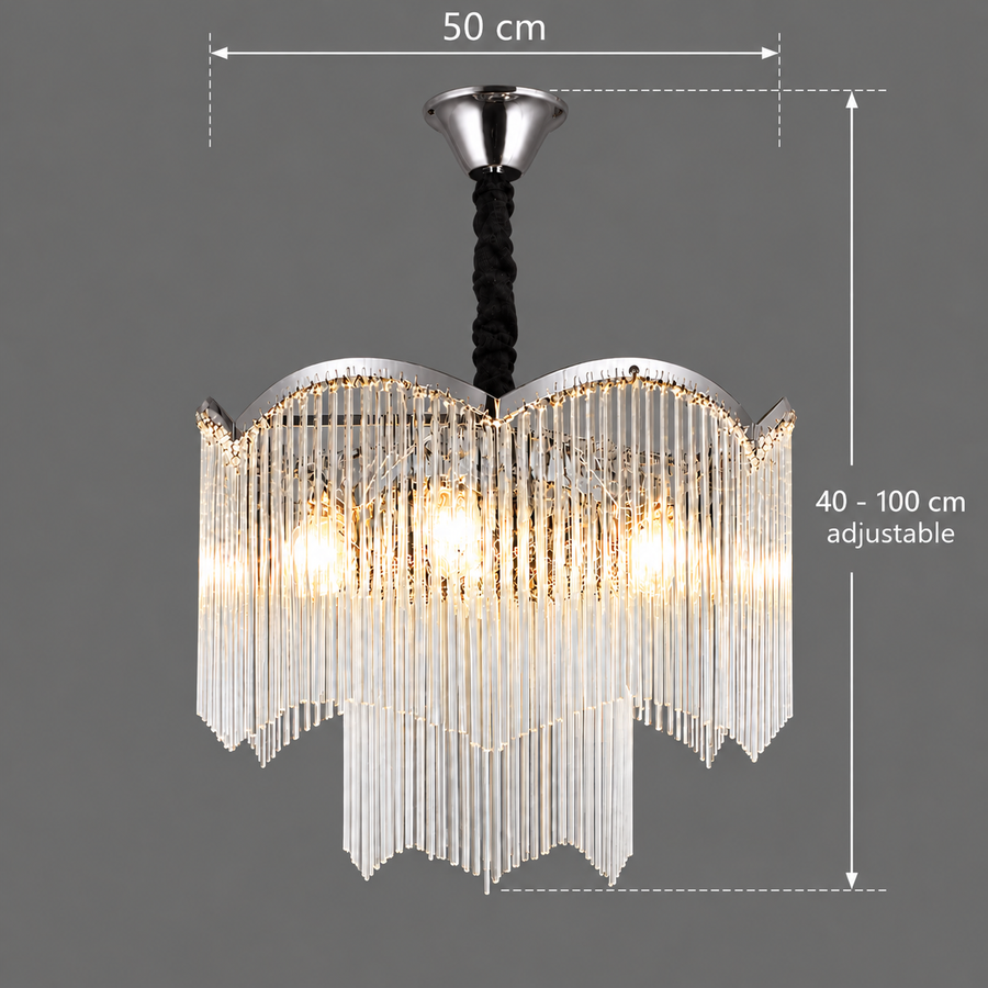MEKELLE Elegance kristálycsillár, 8x E14, átmérő 50 cm, fém és kristály, fényes króm, állítható magasságú