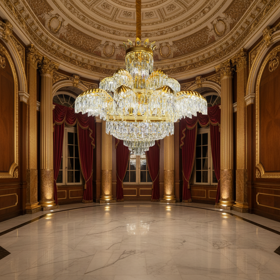Kristálycsillár PALACE Supremo 29xG9, D115cm, fényes arany, állítható magasságú, fém és kristály kristálycsillárok, alapértelmezett cím Alessandro Design